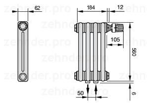 Схема (чертеж) Радиатор Zehnder Charleston 2056/4 №V008 Белый глянцевый RAL 9016